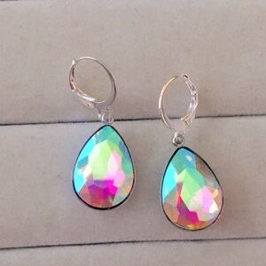 Aurora Borealis Pear Crystal + Silver Drop Earrings